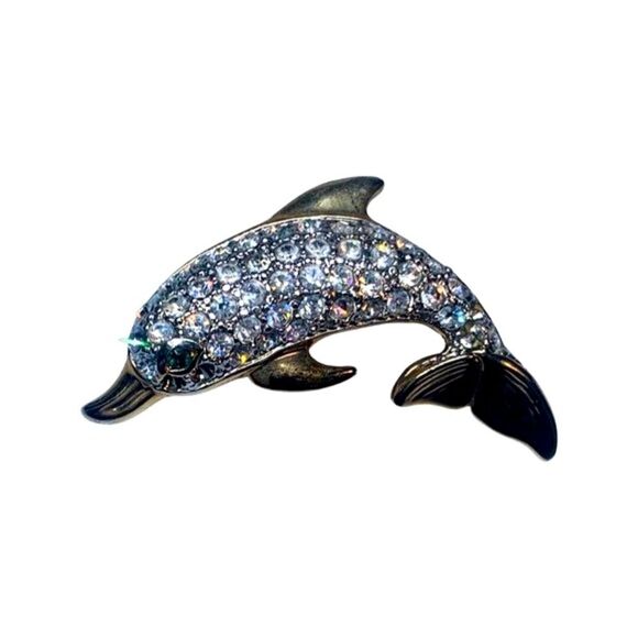 Vintage Shimmering Crystal Rhinestone Bling Dolphin Fish Gold Tone Brooch Pin - Picture 2 of 5